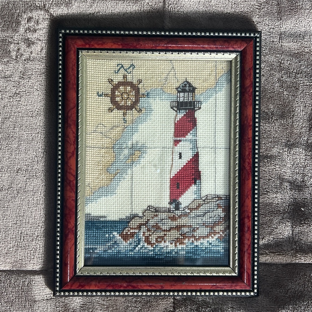 Framed Lighthouse Cross Stitch Art
